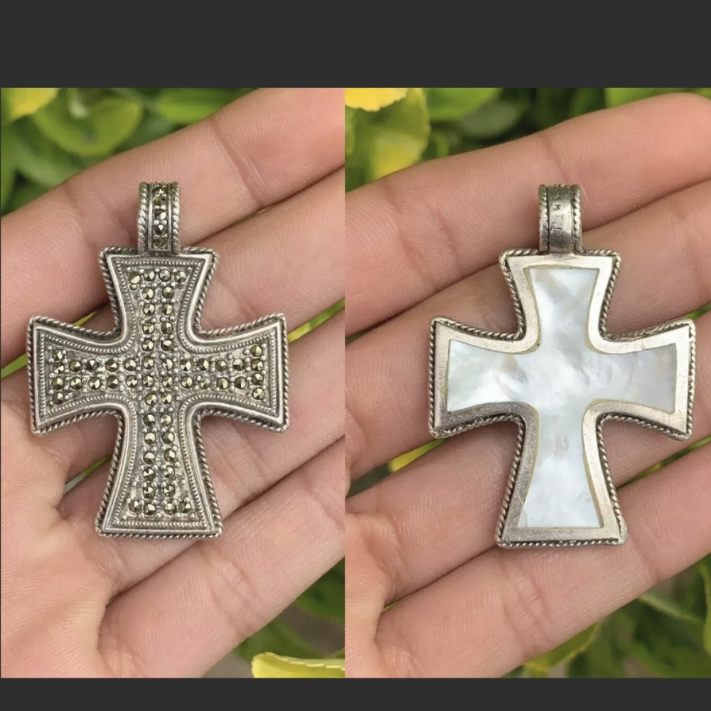 Sterling Silver Marcasite MOP Cross Pendant